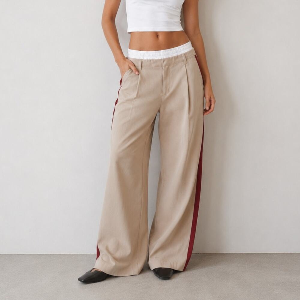 Zara Boxer Striped Pants 4661/533/704 Womens XS Camel Mid-rise Wide Leg
